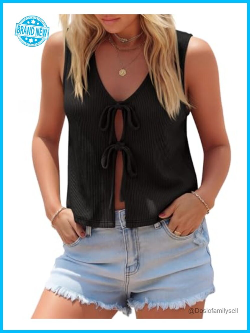 Cotton Tie Front Sweater Vest Ribbed V-Neck Sleeveless Tank Top